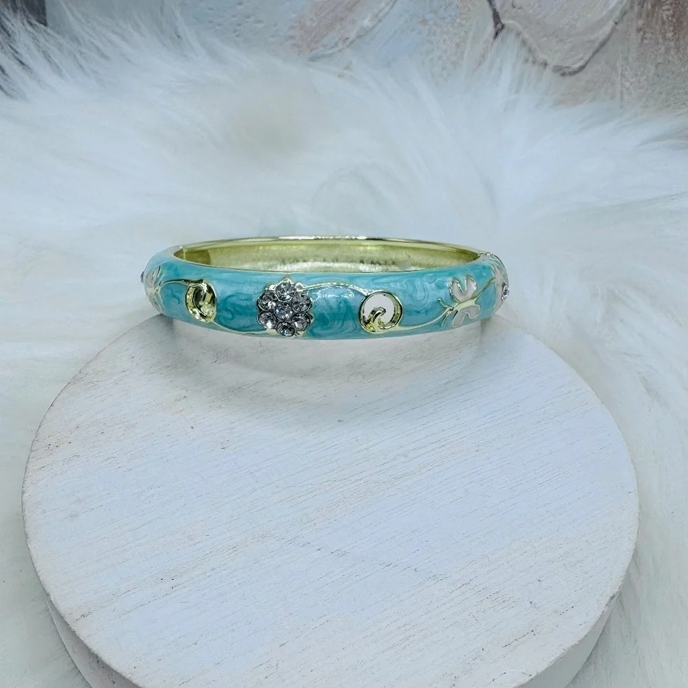 Green Flower Enamel Cloisonne Bracelet Bangle Thick Style